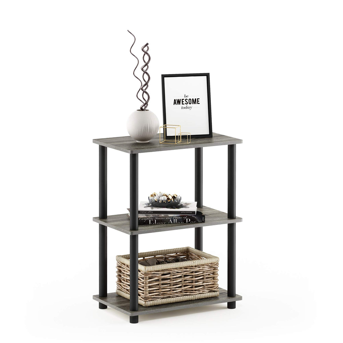 Furinno Turn-N-Tube No Tool 3-Tier Storage Shelf, Narrow, French Oak Grey/Black