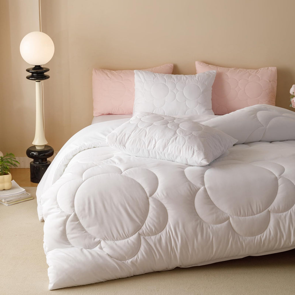 Luxlovery White Sunflower Comforter Set Queen Plain White Boho Farmhouse Quilts Floral White Bedding Comforter Set Soft Breathab