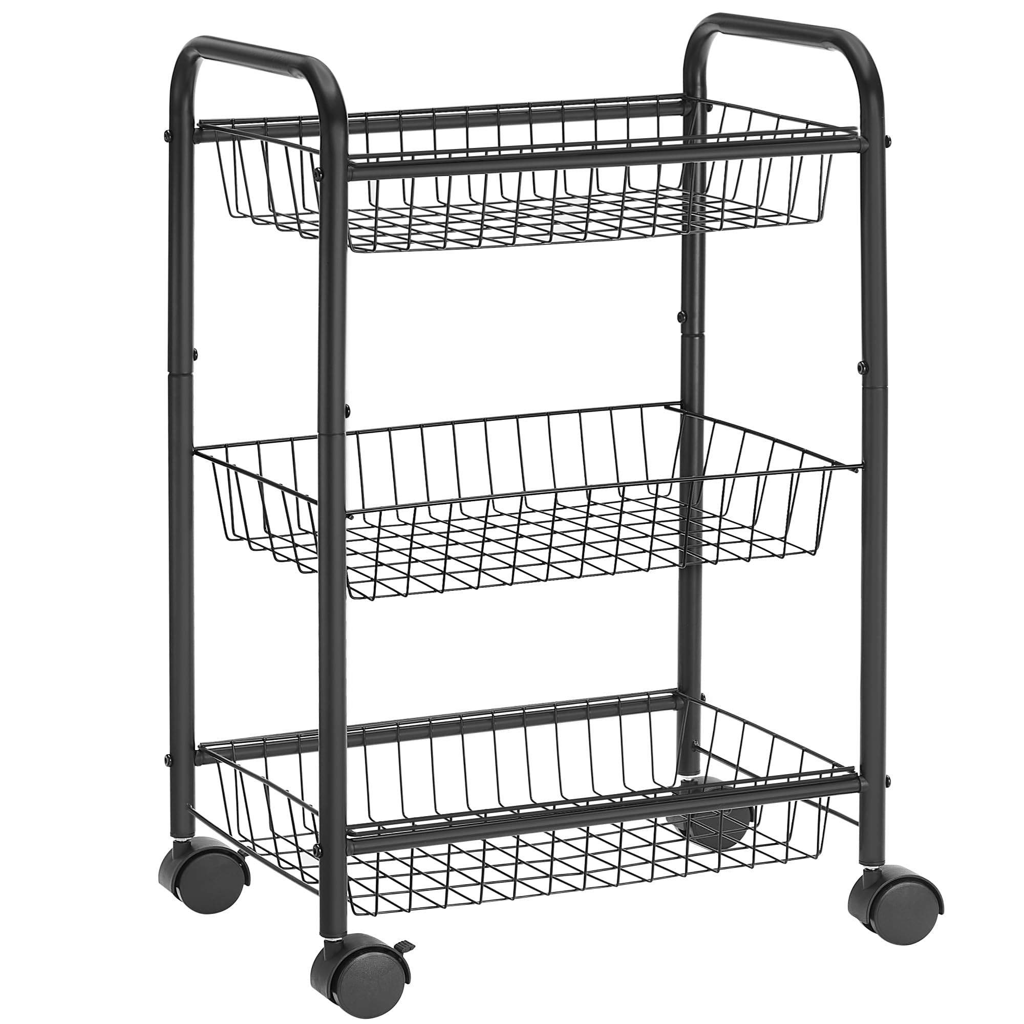 SONGMICS 3-Tier Metal Rolling Cart on Wheels with Baskets, Lockable Utility Trolley with Handles for Kitchen Bathroom Closet, St
