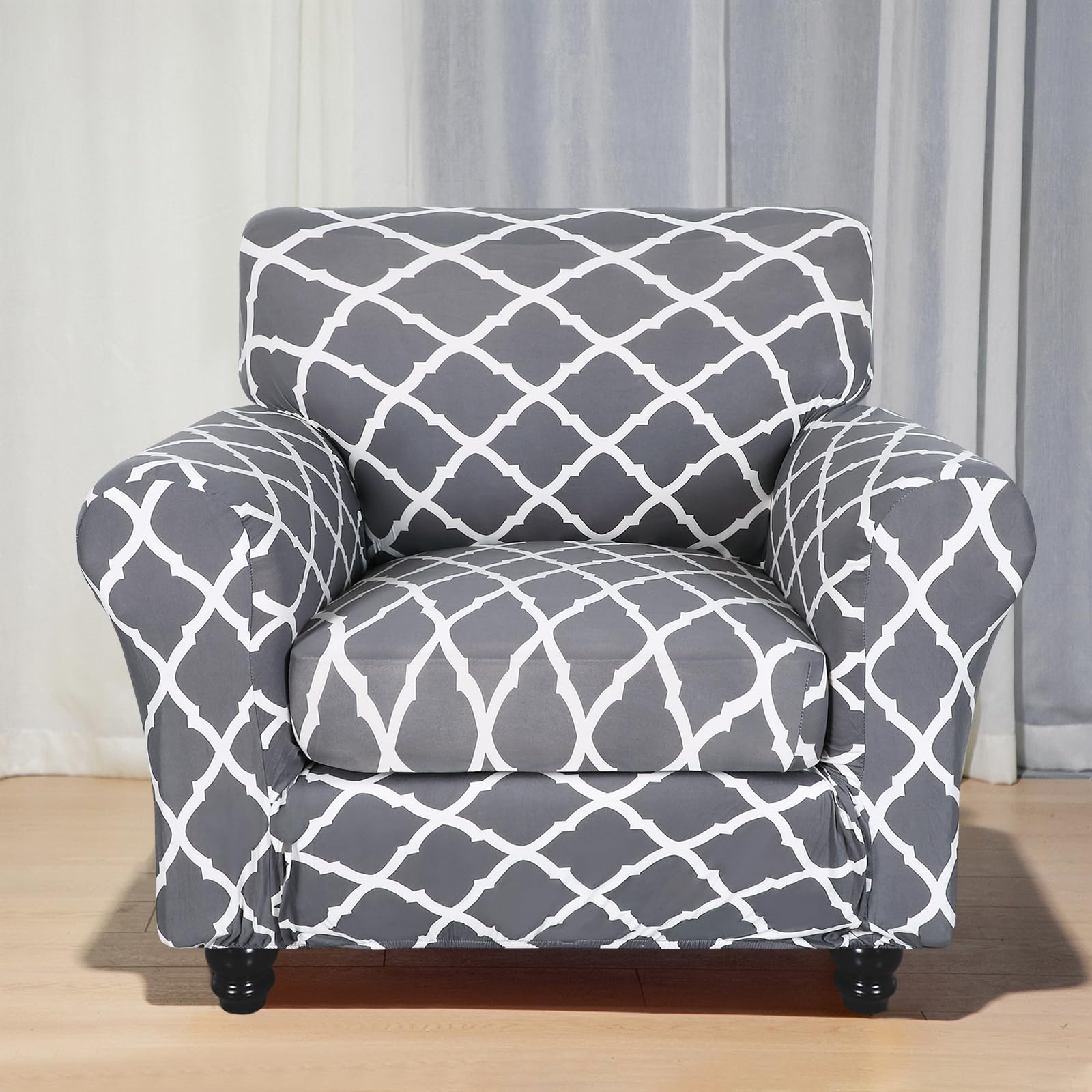 Searchi Stretch Sofa Cover Printed Couch Covers, Floral Pattern 2 Piece Armchair Slipcover With Separate Chair Cushion Cover, Washable Furniture Protector For Living Room(Armchair, Gray+White)