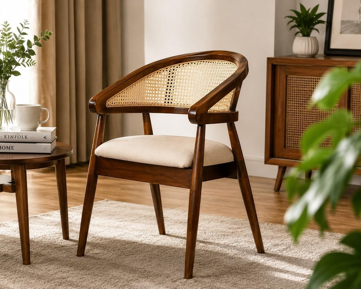Kuber Furniture Midcentury Modern Cane Accent Chair With Upholstered Cushion, Solid Wood Frame & Armrests, Natural Rattan Backr