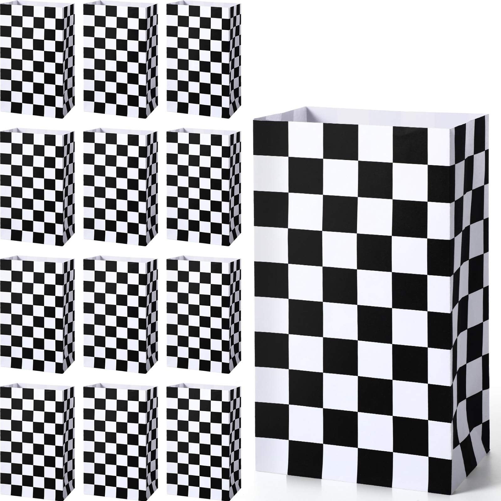 28 Pack Checkered Racing Treat Bags, Black and White Race Car Favor Bags, Kraft Paper Popcorn Boxes for Monster Truck Cars Birth
