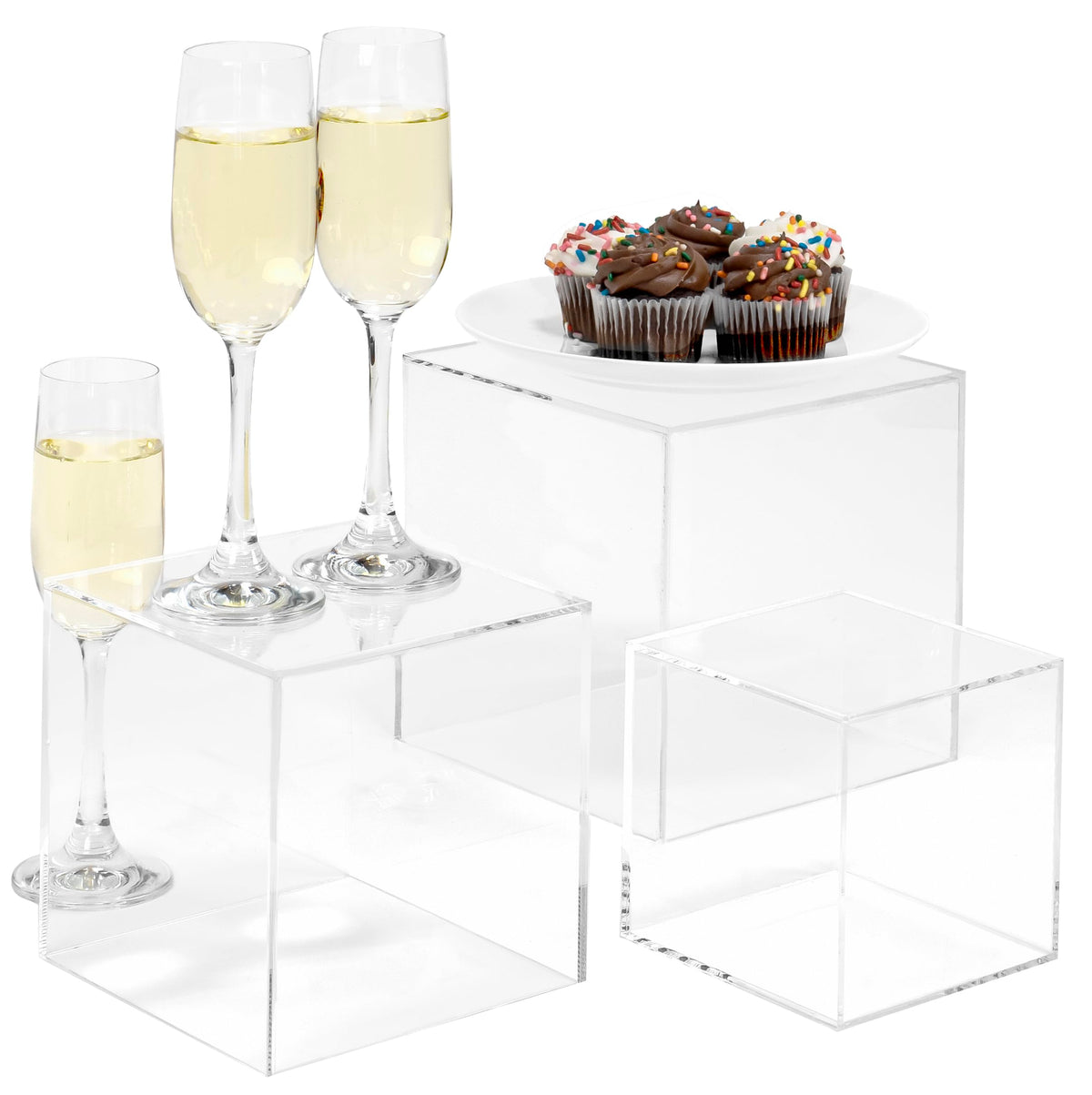 Red Co. Set Of 2 Crystal Clear Acrylic Cube Display Nesting Riser Stands With Hollow Bottoms | Transparent - 3-Pack