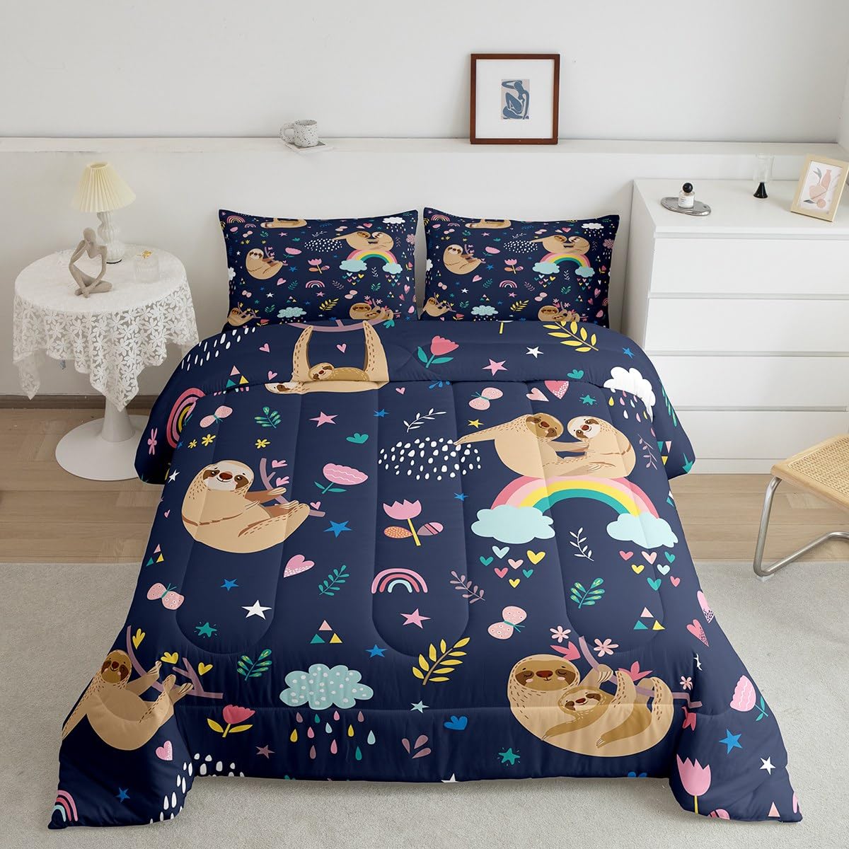 Cute Brown Sloth Comforter Set, Cartoon Animal And Flowers Rainbow Print Bedding Set For Kids Girls Boys Teens, Full Size Quilte