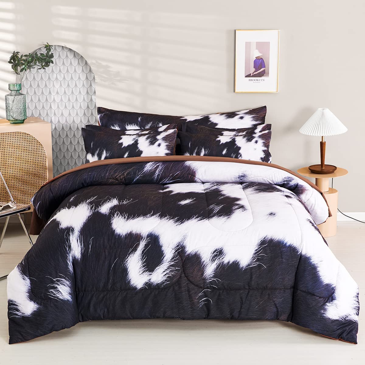Sucses Cow Print Bedding Comforter Set Full Size, 8 Pieces Western Farmhouse Style Bedding Set, Highland Rustic Cow Fur Print Be