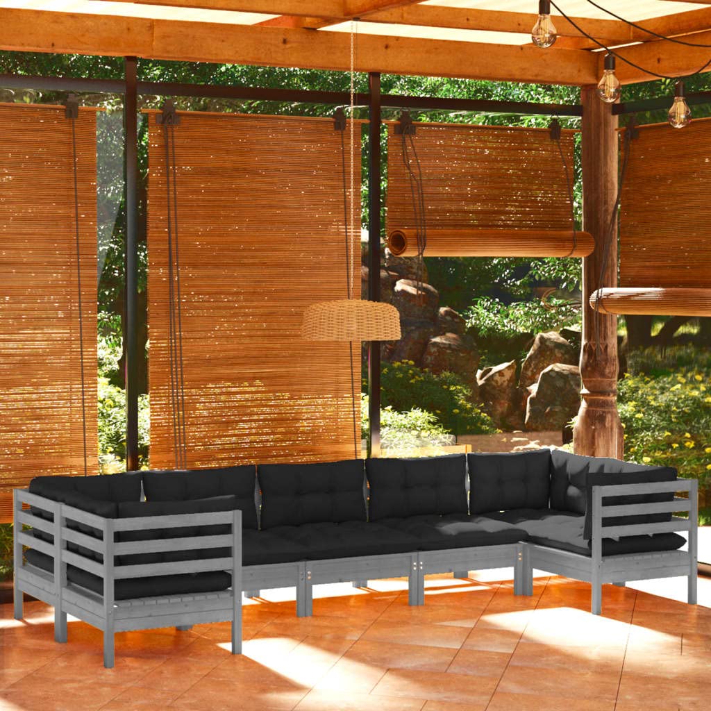 vidaXL Solid Pinewood Patio Lounge Set 7 Piece with Cushions Garden Outdoor Lawn Yard Terrace Balcony Wooden Seat Seating Furniture Gray