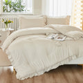 Litanika Queen Comforter Set Beige, 3 Pieces Ruffle Lightweight Bedding Comforter Set, Fluffy Bed Set (90X90In Comforter, 2 Pill