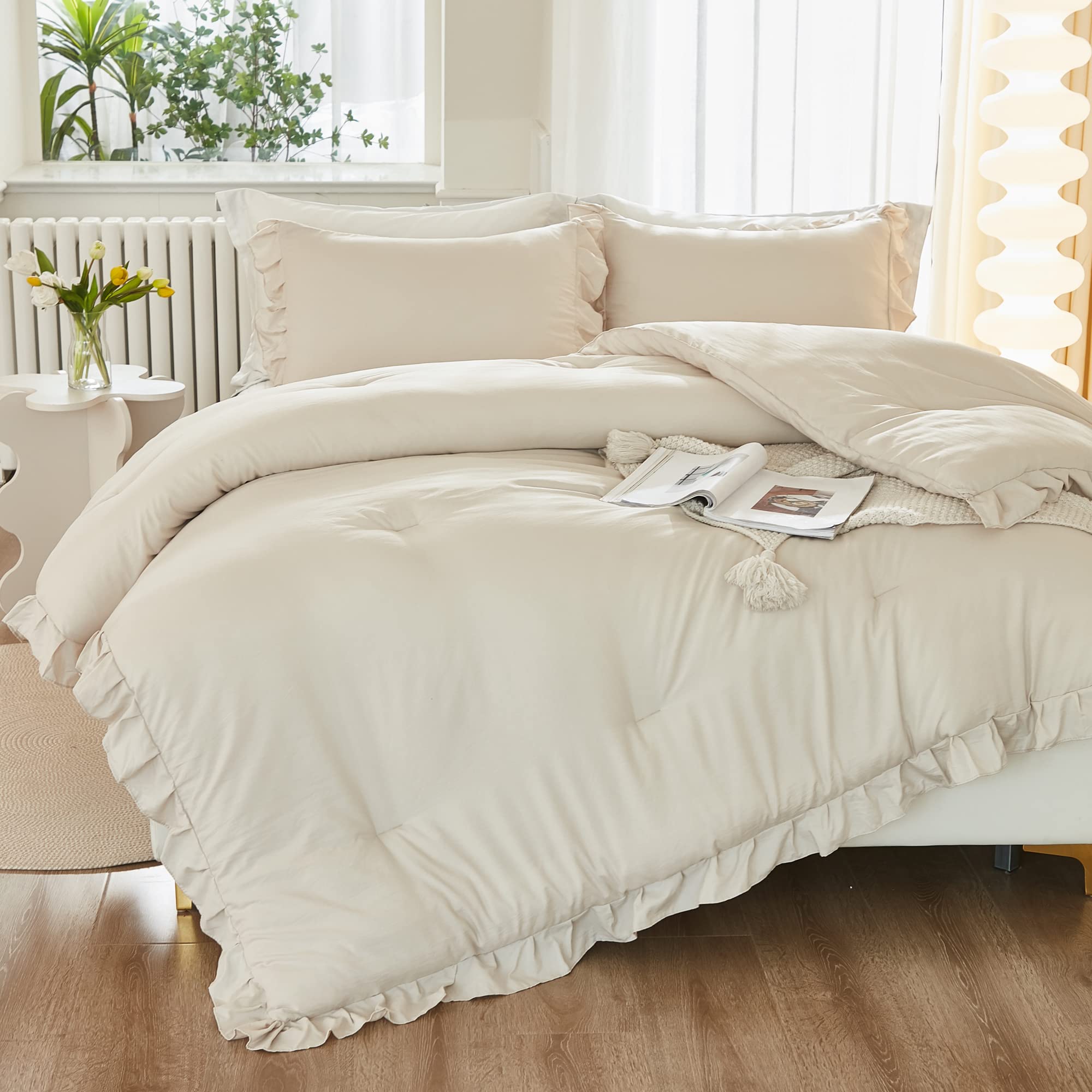 Litanika Comforter Full Size Set Beige, 3 Pieces Ruffle Lightweight Bedding Comforter Set, Fluffy Bed Set (79X90In Comforter, 2