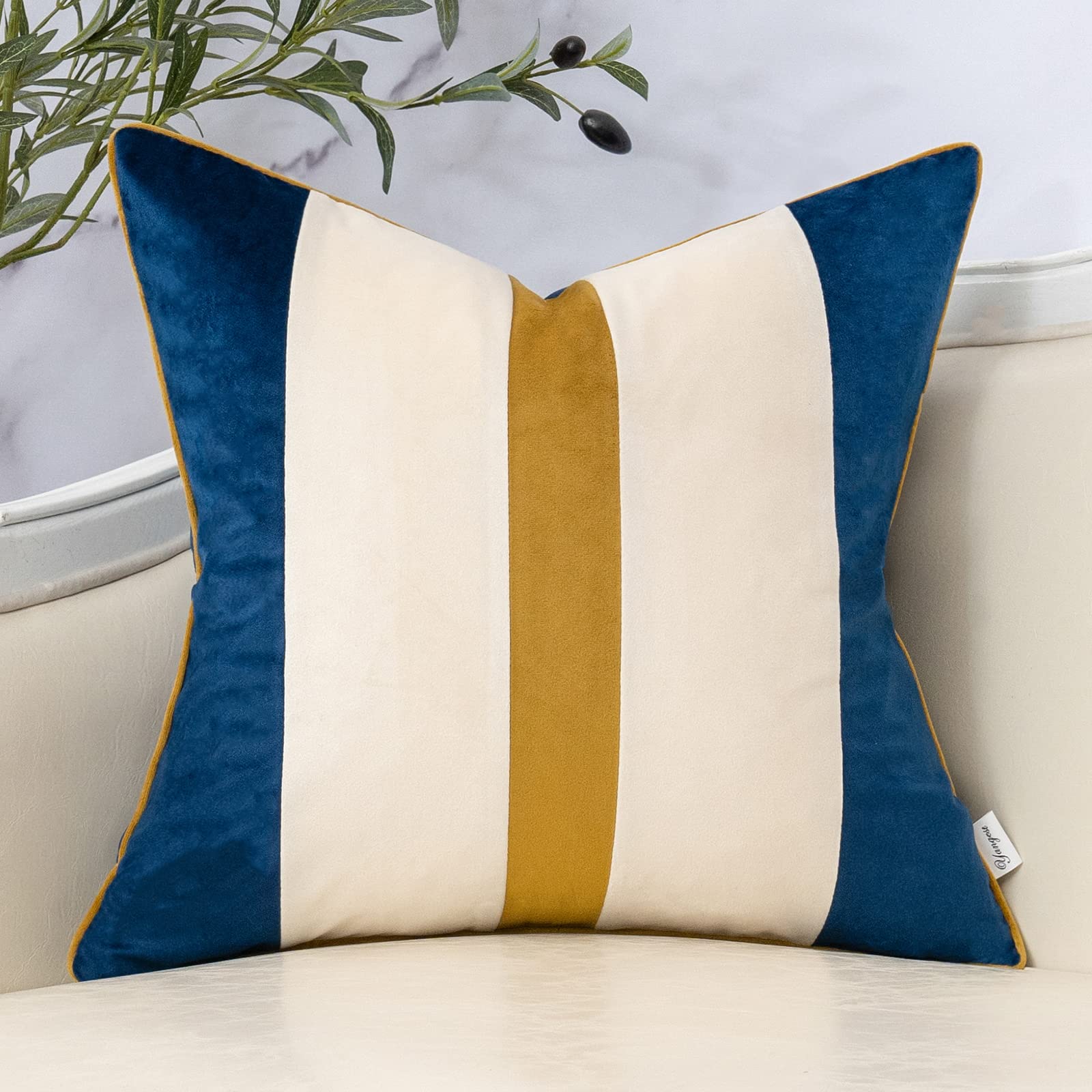 Yangest Navy Blue Patchwork Throw Pillow Cover Striped Velvet Cushion Case Modern Pillowcase For Sofa Couch Bedroom Living Room