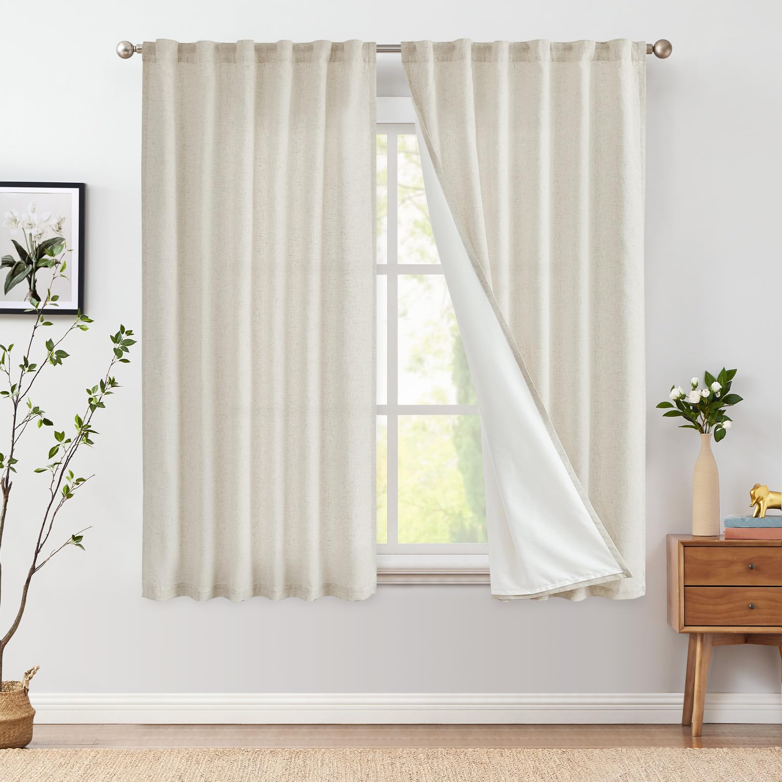 Jinchan Linen Blend Beige Curtains 63 Inch Length For Living Room Farmhouse Rod Pocket Back Tab Light Filtering Window Drapes With Lined For Bedroom Crude 2 Panels Ecru