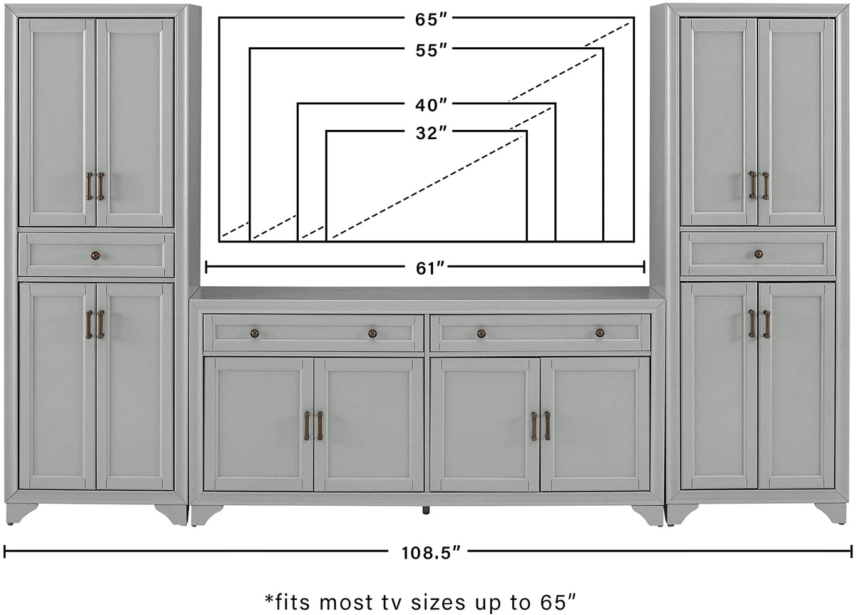 Crosley Furniture Tara 3-Piece Entertainment Center with TV Stand, Storage Cabinets, and Adjustable Shelves, Distressed Gray