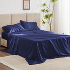 Love's cabin Satin Queen Sheets Set - 4 Piece Navy Blue Silky Satin Bed Sheets Queen Set with Deep Pocket, Luxury Silk Feel Sati