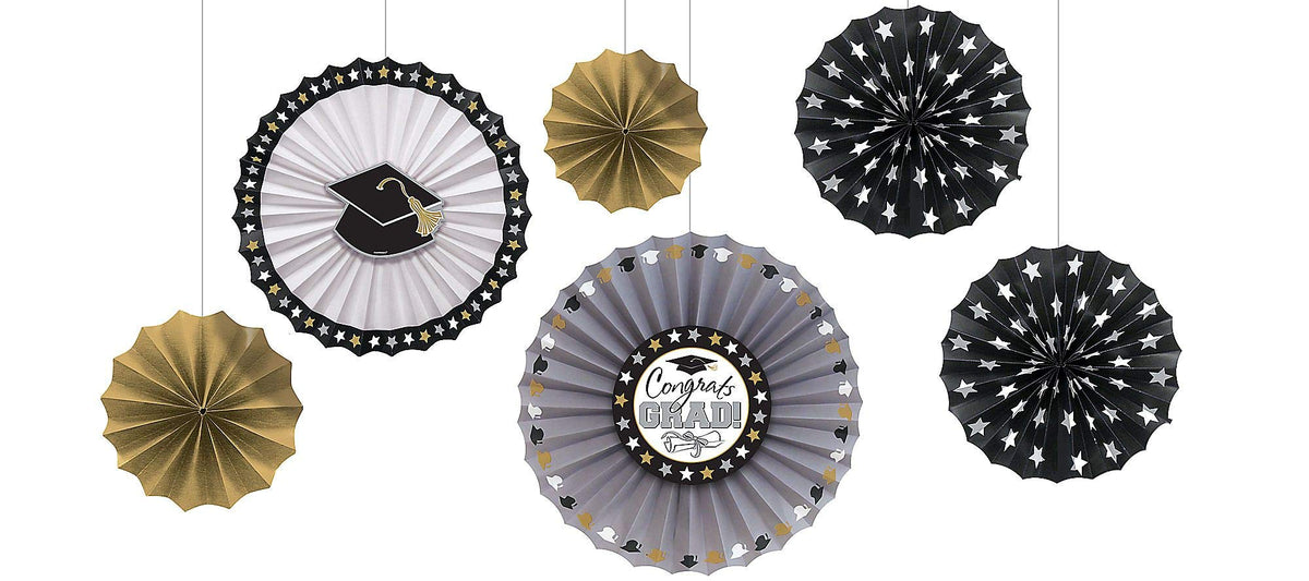 Amscan Grad Paper Fan Decorations Black Silver and Gold One Size 6Ct