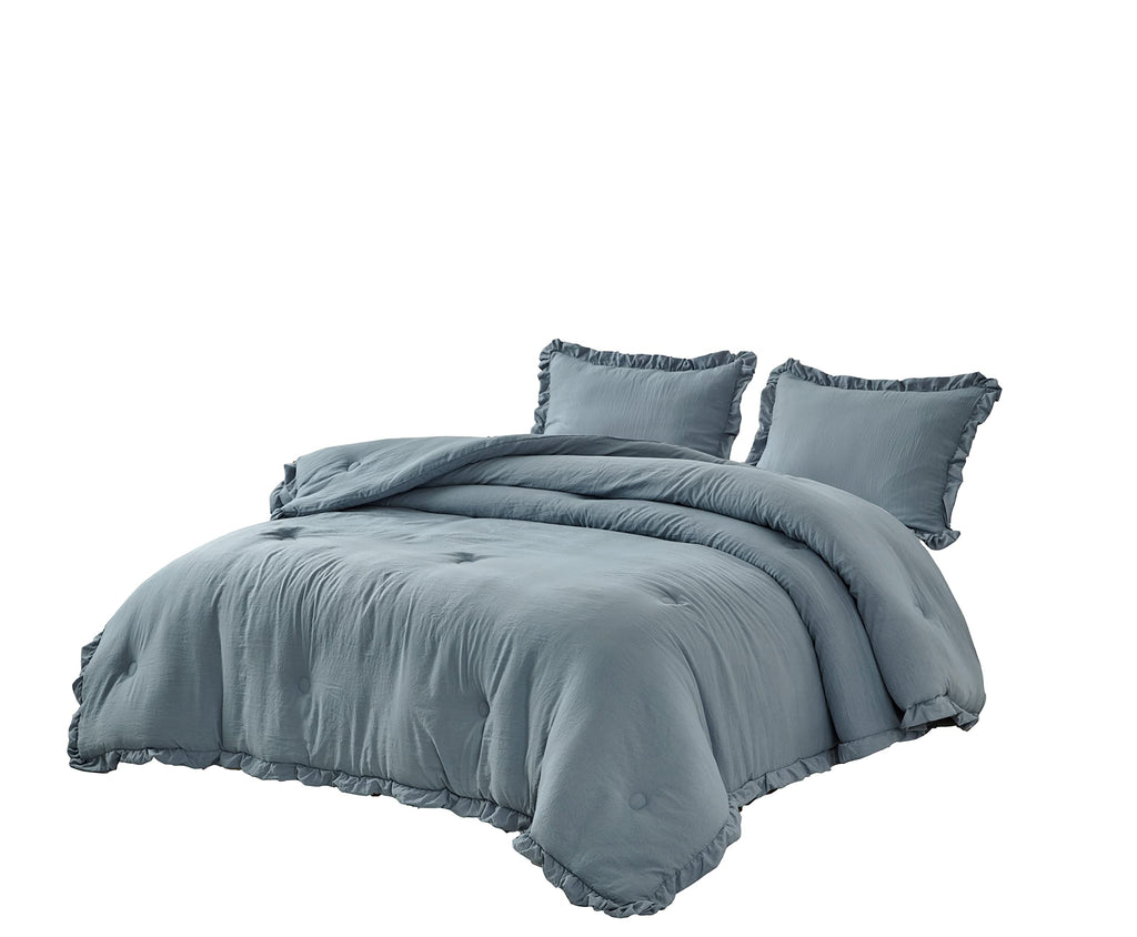 Chezmoi Collection Nora 3-Piece Ruffled Edge Trim Soft Washed Microfiber Comforter Set (Oversized King, Dusty Blue)