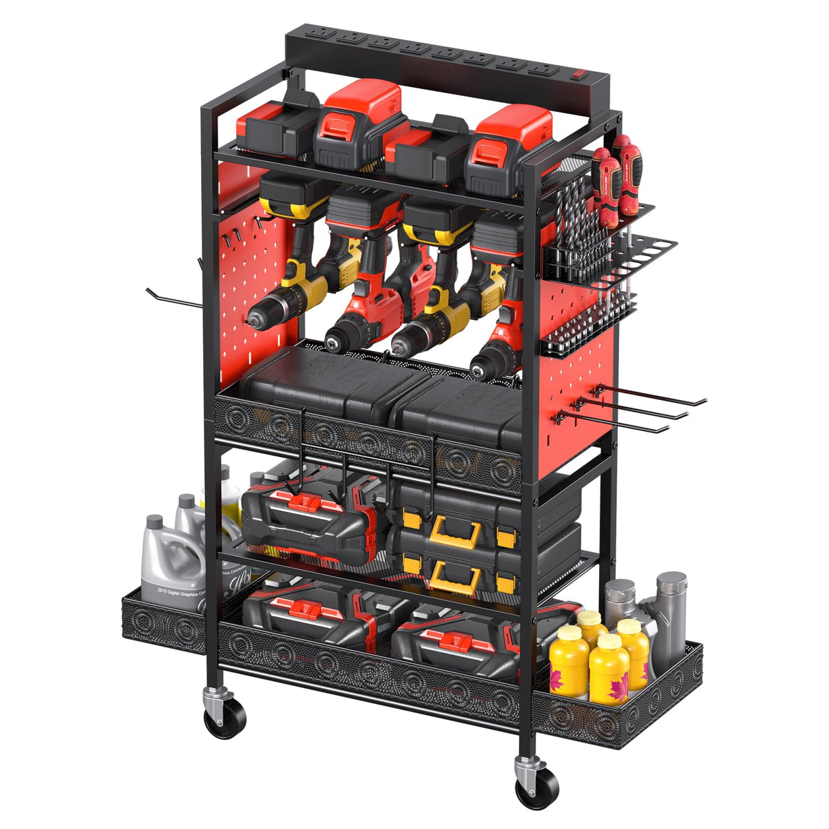 Cccei Garage Power Tools Organizer Cart With Charging Station, Red Floor Standing Rolling Drill And Tools Battery Storage Cart On Wheels. Utility Rack Gift For Men, Husband, Father.