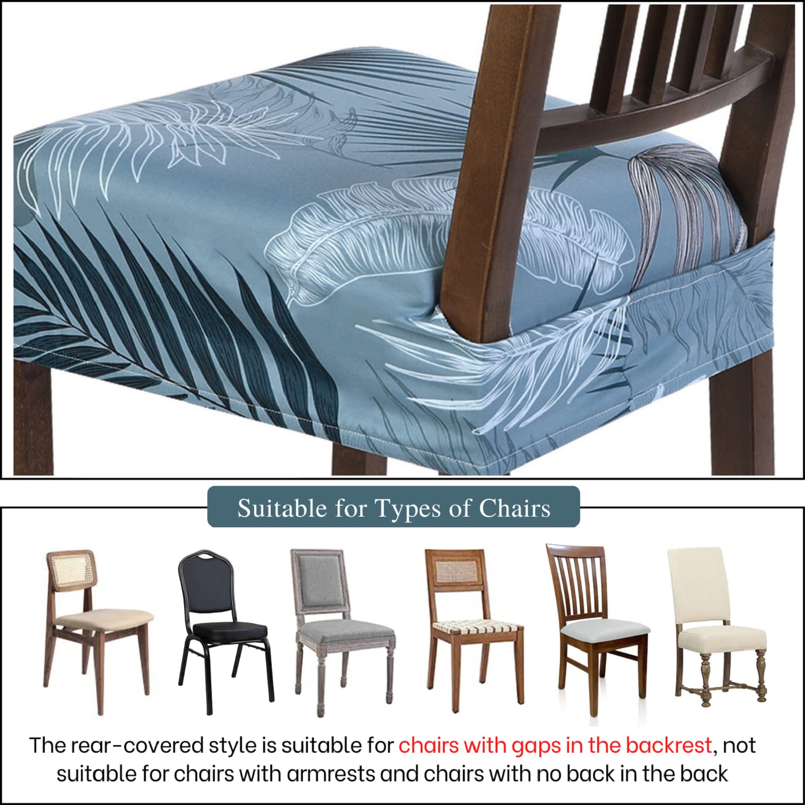 Searchi Stretch Dining Chair Seat Covers Set Of 4, Soft Removable Washable Seat Covers For Dining Chairs, Dining Room Seat Cover Slipcover Protector (Rear-Covered, Blue Foliage)
