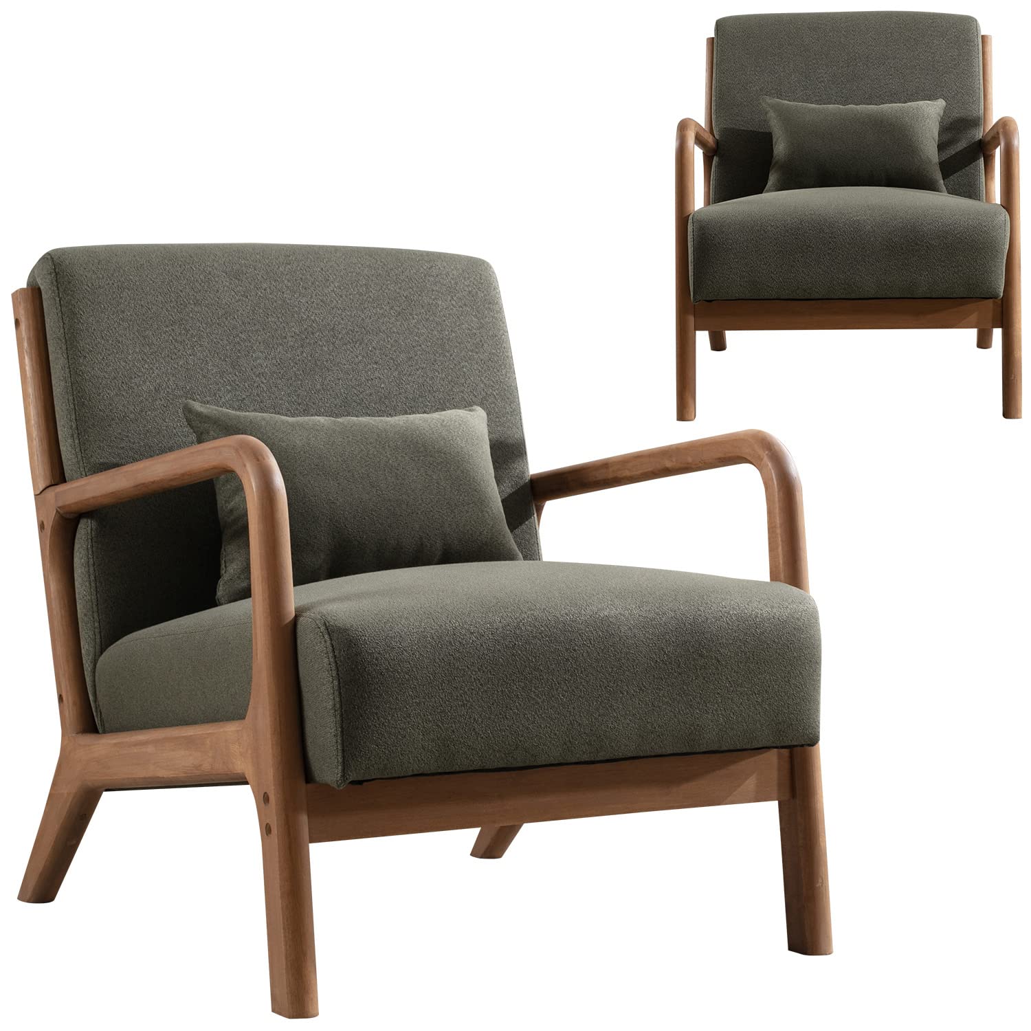 Inzoy Mid Century Modern Accent Chair Set Of 2, High Back Reading Armchair With Wood Frame, Upholstered Living Room Chairs With Waist Cushion, Single Lounge Arm Chair For Bedroom Sunroom, Green