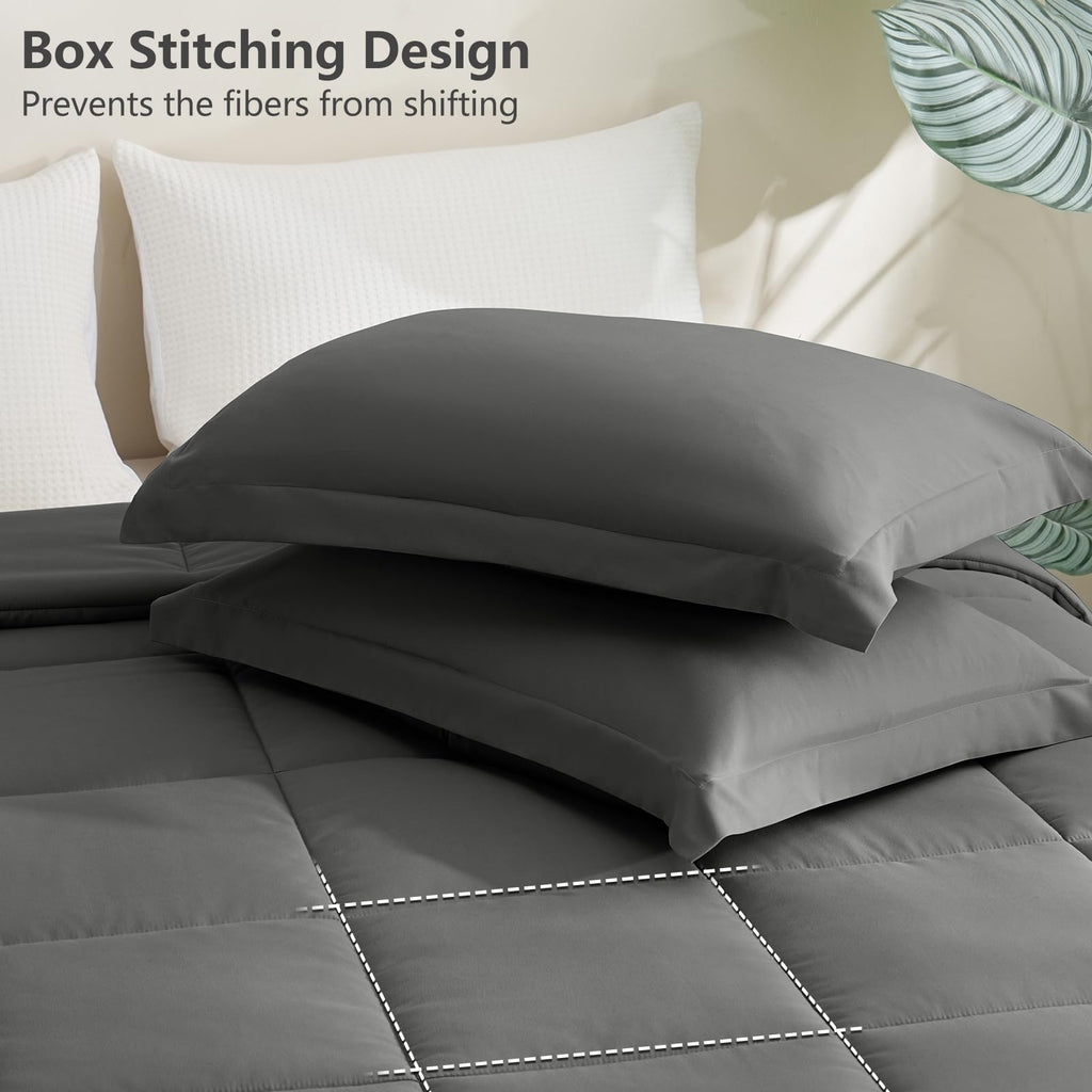 Cozylux Queen Comforter Set - Dark Grey Comforter Queen Size, 3 Pieces Box Stitched Bed Set For All Seasons, Soft Lightweight Bedding Sets With 1 Down Alternative Comforter And 2 Pillow Shams
