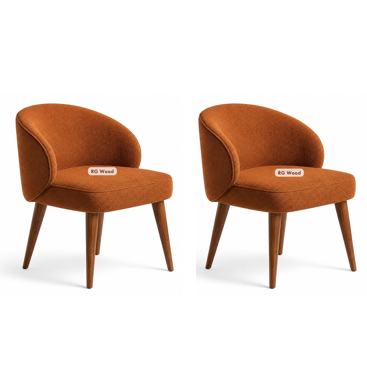 Rg Wood Set Of 2 Dining Chairs, Burnt Orange Bookley Fabric Upholstered Chairs With Sheesham Wood Legs, Modern Curved Back Dinin