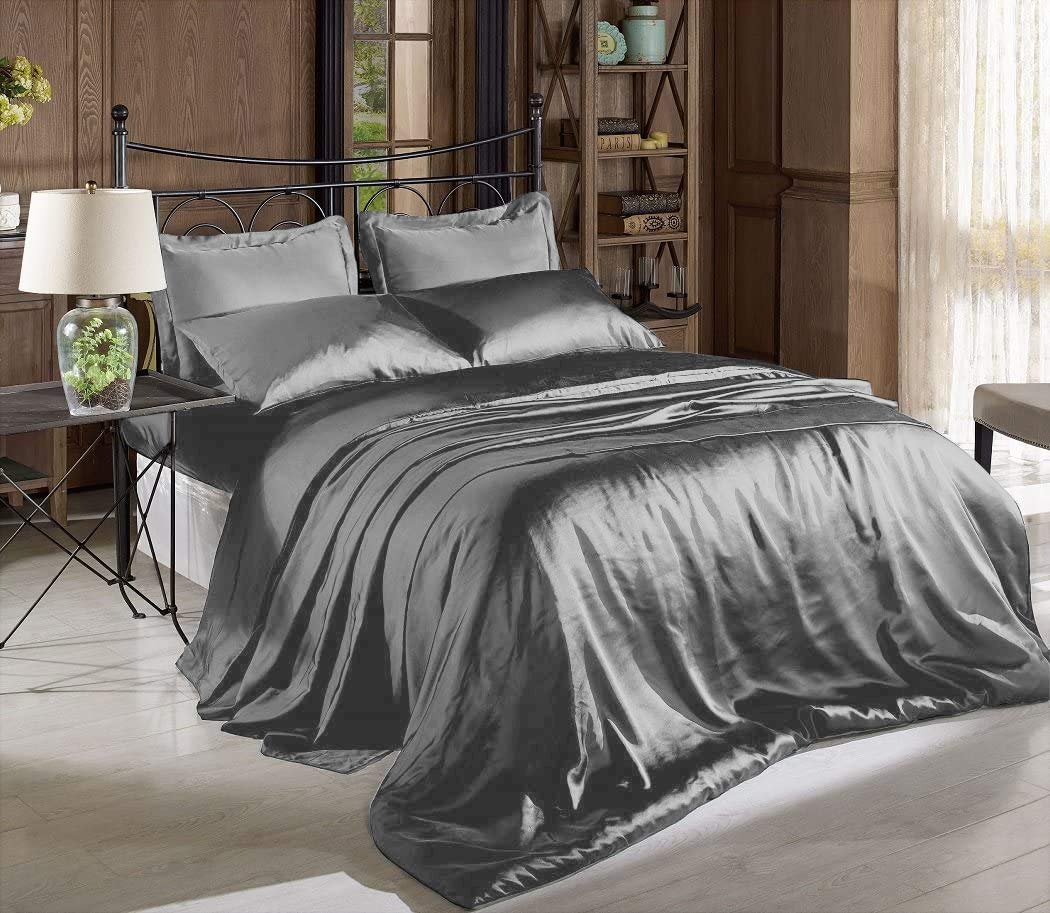Hight Thread Count Solid Color Soft Silky Charmeuse Satin Luxury And Super Soft Bed Sheet Set Or Pillowcase (Dark Grey, Queen)