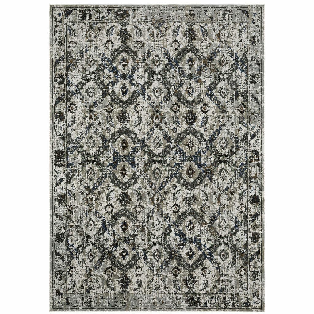 HomeRoots 508944 8 x 11 ft. Ivory Charcoal Gray Blue Rust Gold & Brown Oriental Power Loom Stain Resistant Rectangle Area Rug