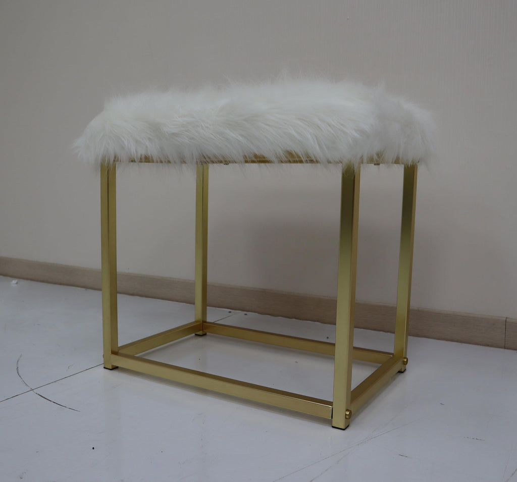 Acme Adao Vanity Mirror & Stool in Faux Fur Mirror Pink & Gold Finish