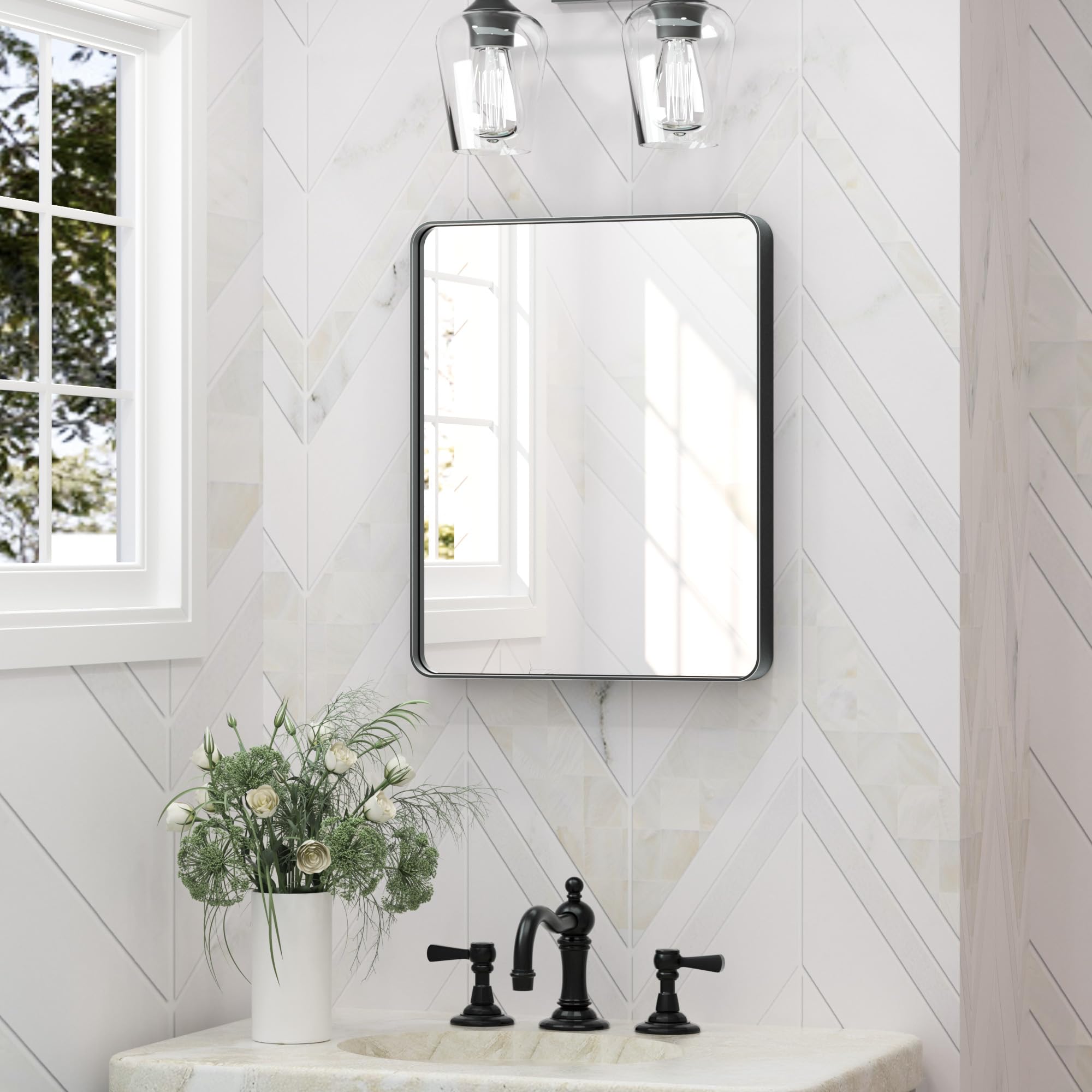 Keonjinn Black Bathroom Mirror for Over Sink, 16 x 20 Inch Rounded Rectangle Bathroom Vanity Mirror, Matte Black Farmhouse Mirro