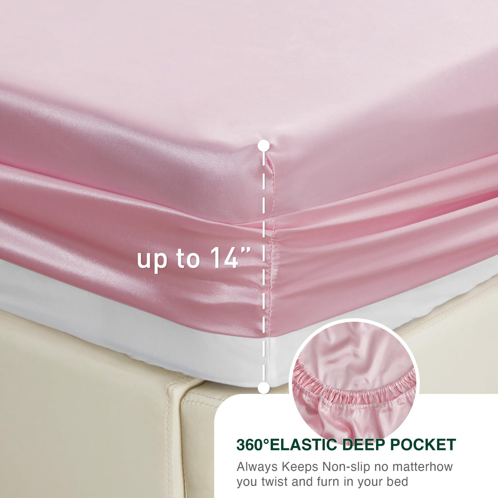 Love'S Cabin Twin Xl Satin Sheet Sets - 3 Piece Pink Silky Satin Bed Sheets With Deep Pockets, Luxury Silk Feel Satin Sheet Set Twin Xl (1 Flat Sheet,1 Fitted Sheet,1 Pillow Case)