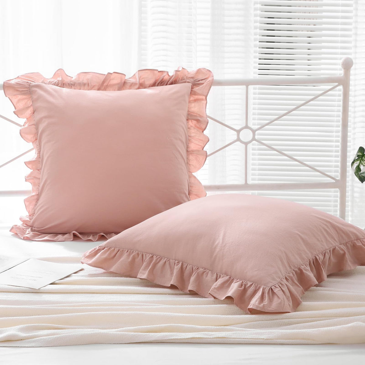 Mywinlle Dusty Rose Ruffle Euro Pillow Shams,Shabby 2 Pack Pillow Sham Covers Washed Cotton Pillow Cases (Dusty Pink,26''X26'')