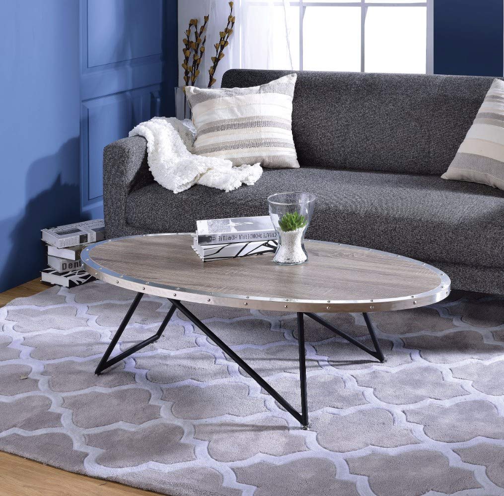 Benzara 15 Inch Oval Coffee Table with Irregular Metal Base, One Size, Gray and Brown