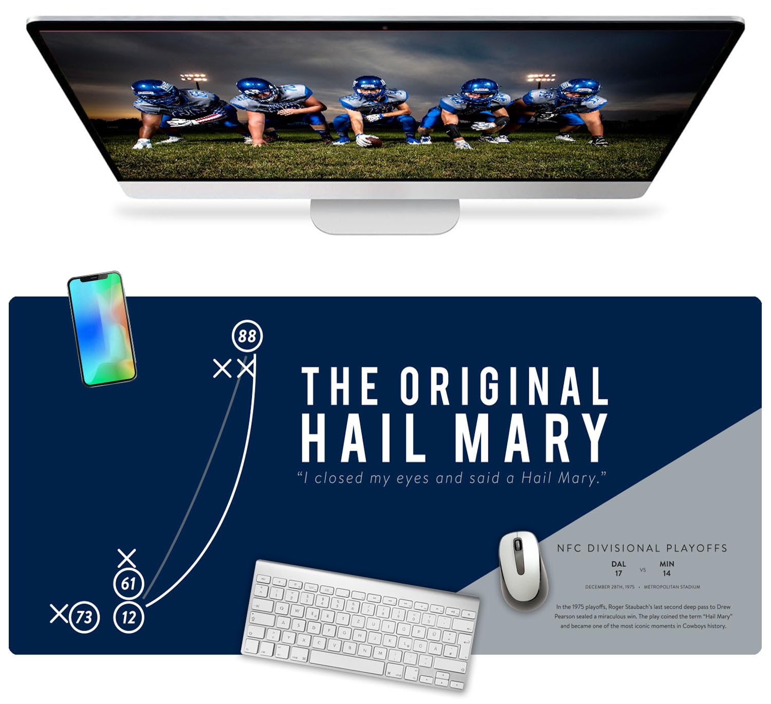 French KOKO Large Dallas Football Desk Mat for Desktop - XL Blue and Silver Desk Pad Mat Featuring The Hail Mary Play, Texas Spo