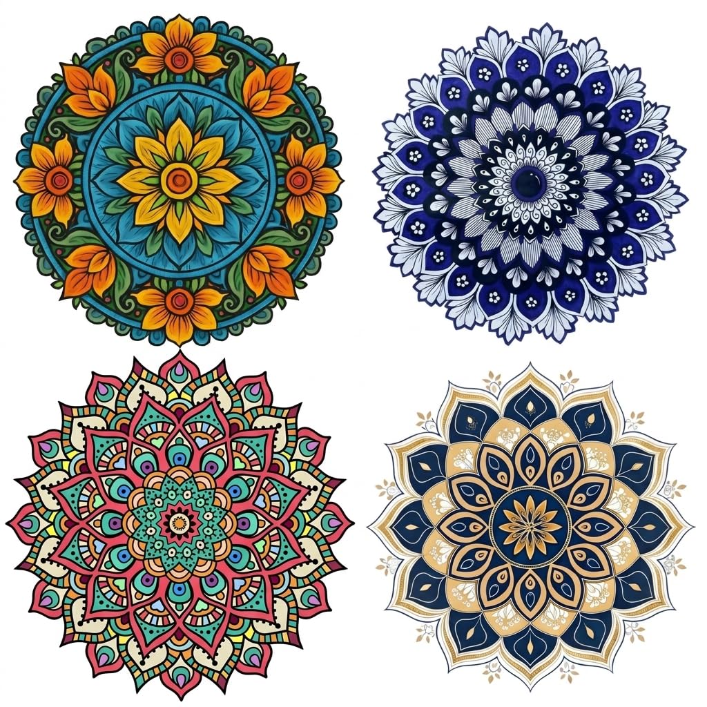 Inkedify Round Mandala Floor Sticker Boho Floral Design, 10 Inch, Multiple Colour Self Adhesive Sticker (Pack Of 4)