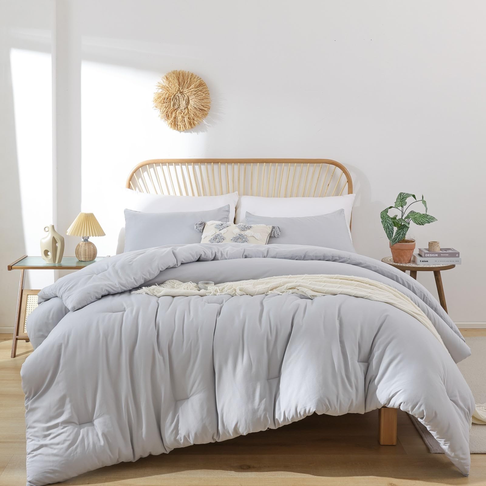 Rosgonia Light Grey California King Comforter Set,3Pcs (1 Boho Gray Cal King Comforter & 2 Pillowcases),Bedding Comforters & Set