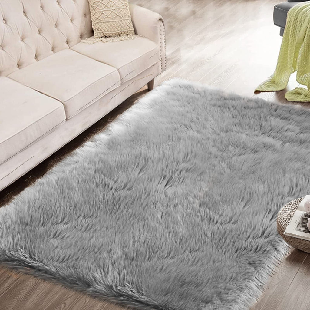 ORINOVA Light Grey Furry Washable Sheepskin Fur Area Rugs for Living Room Faux Fluffy Fur Rug for Bedroom Nursery Rug 4x6 Rectan