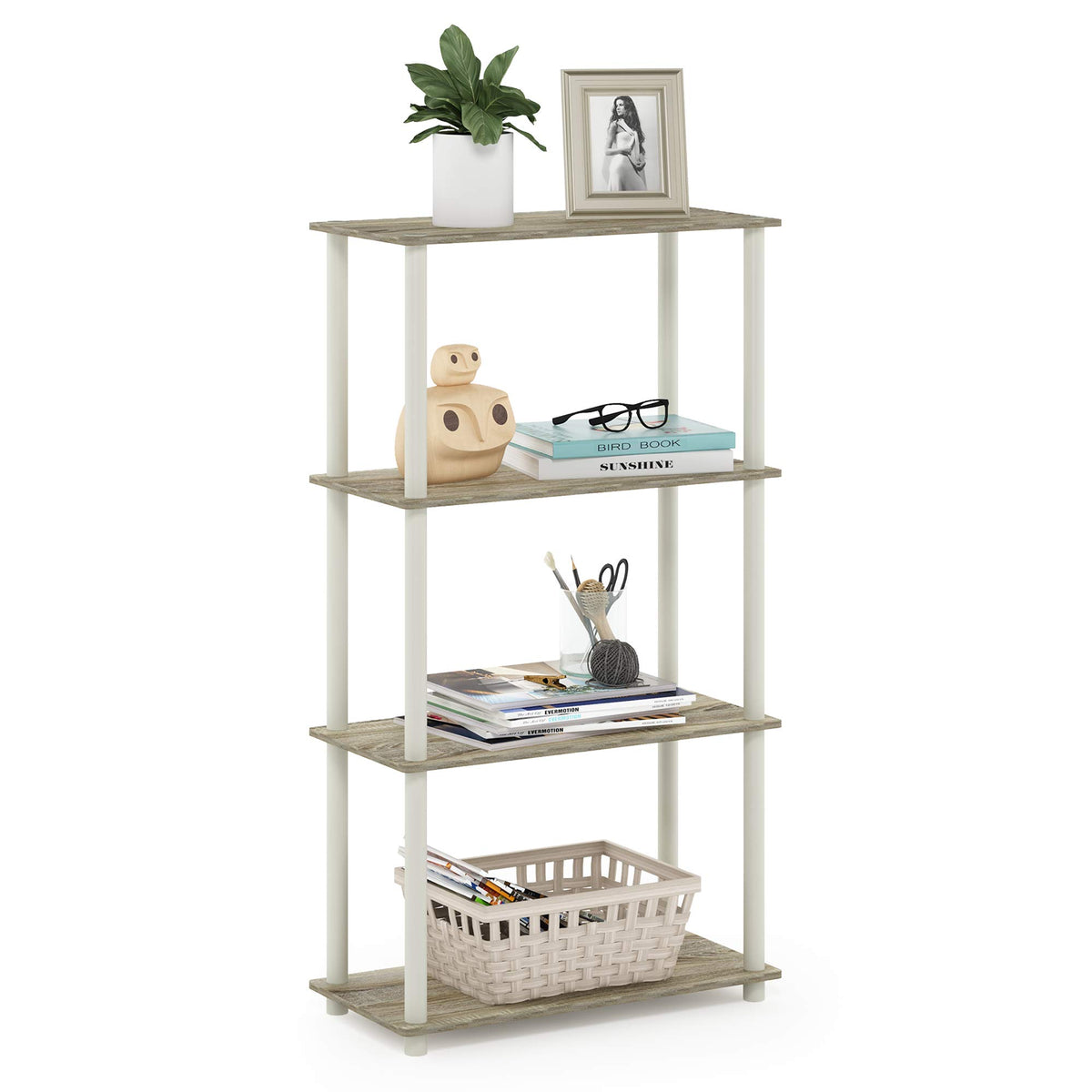 Furinno Turnntube 4Tier Multipurpose Shelf Display Rack, Round Tubes, Sonoma Oak/White