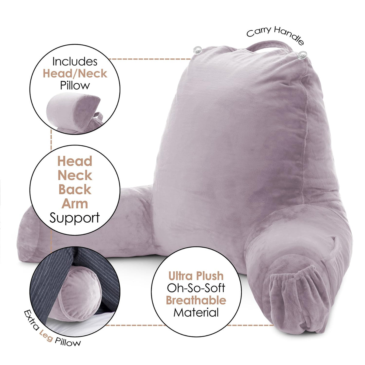 Nestl Large Dusty Purple Reading Pillow - Shredded Memory Foam Back Support for Bed and Chair with Pockets, Ideal for Reading and Relaxing