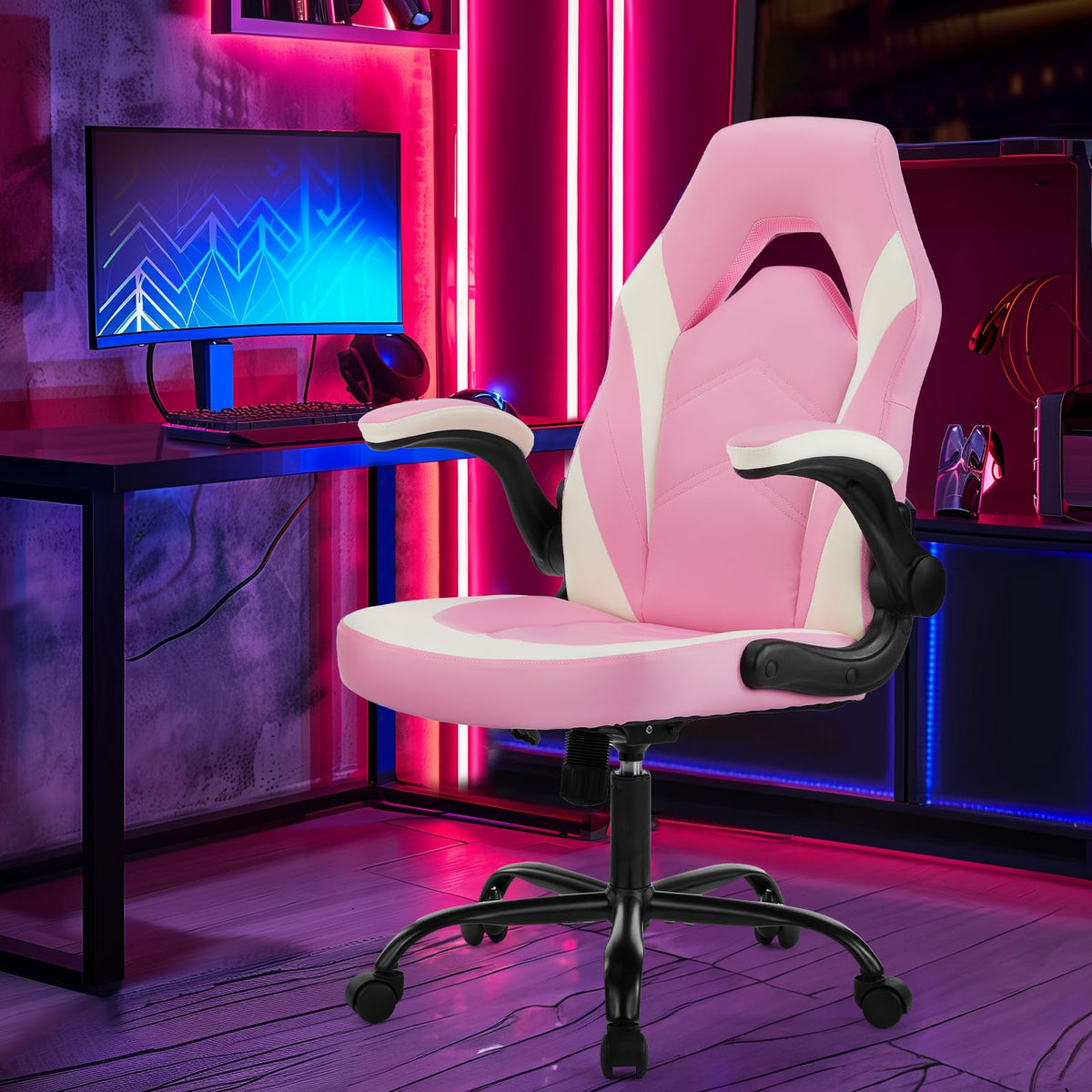 Sweetcrispy Computer Gaming Desk Chair - Pink Ergonomic Office Executive Adjustable Swivel Task Pu Leather Racing Chair With Flip-Up Armrest For Adults, Kids, Men, Girls, Gamer, White Pink