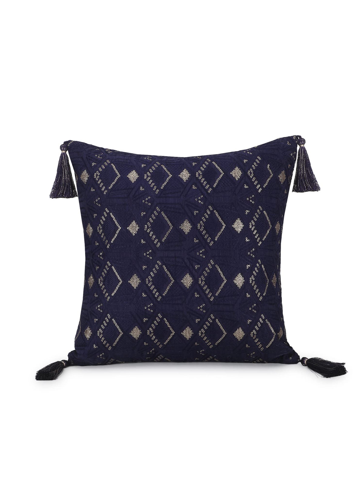 Mezposh Navy Blue & Gold Harlequin Embroidered Faux Silk Cushion Cover (16X16)