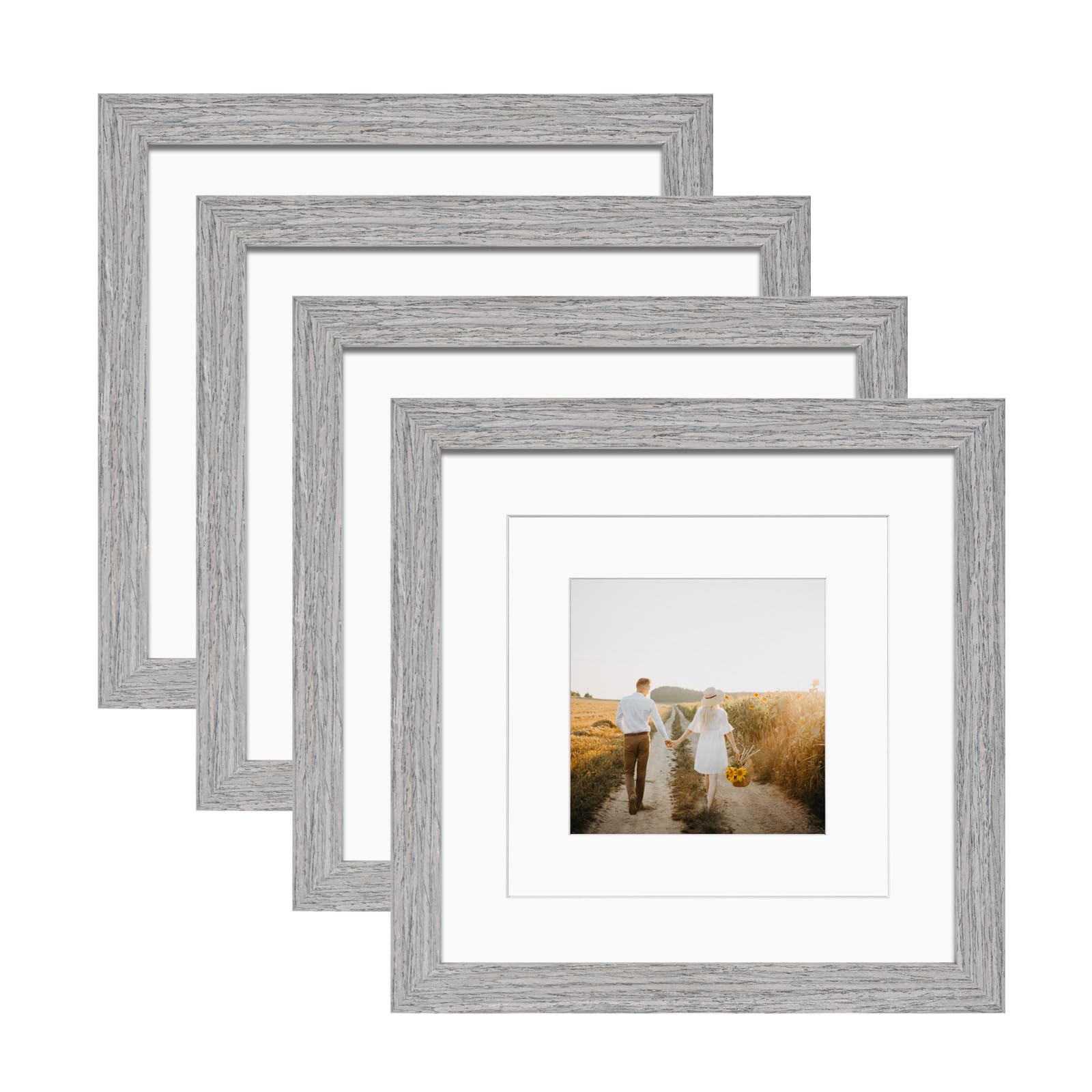KINLINK Square 8x8 Picture Frames Grey, Solid Wood Frames with Acrylic Plexiglass for Pictures 4x4/6x6 With Mat Tabletop and Wal
