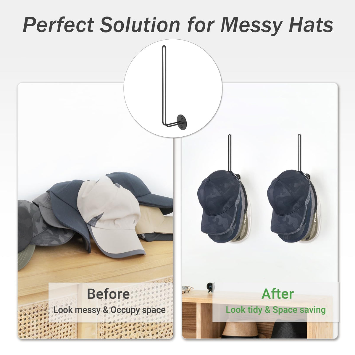 Mkono Hat Organizer For Baseball Caps, Set Of 2 Wall Hat Rack 7.9 Inches Space Saving Holds 40 Caps Modern L -Shaped Hat Hooks W