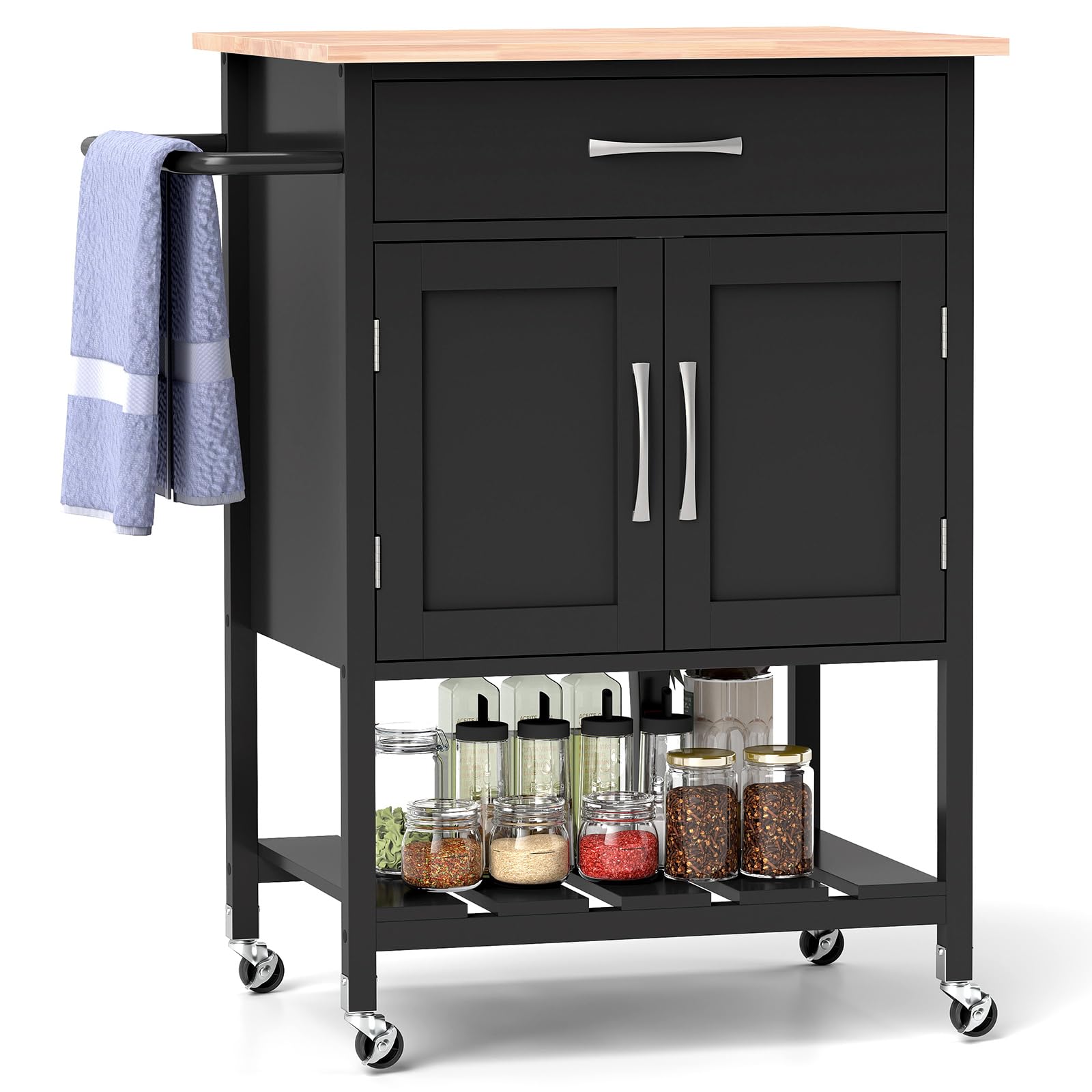 TANGZON Kitchen Island on Wheels, Rolling Kitchen Trolley with 2-Door Cabinet, Drawer, Open Shelf, Rubber Wood Top & Towel Rack,