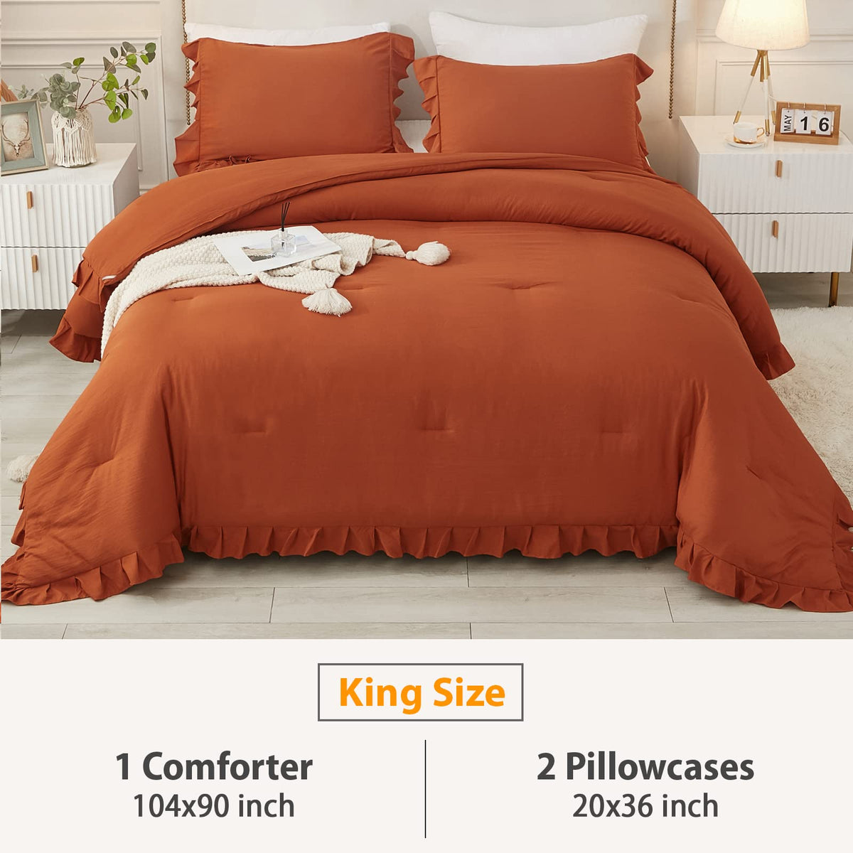 Andency Terracotta Ruffle Comforter King(104X90Inch), 3 Pieces(1 Ruffled Comforter And 2 Pillowcases) Solid Farmhouse Shabby Chic Comforter, Vintage Rustic Soft Microfiber Bedding Set