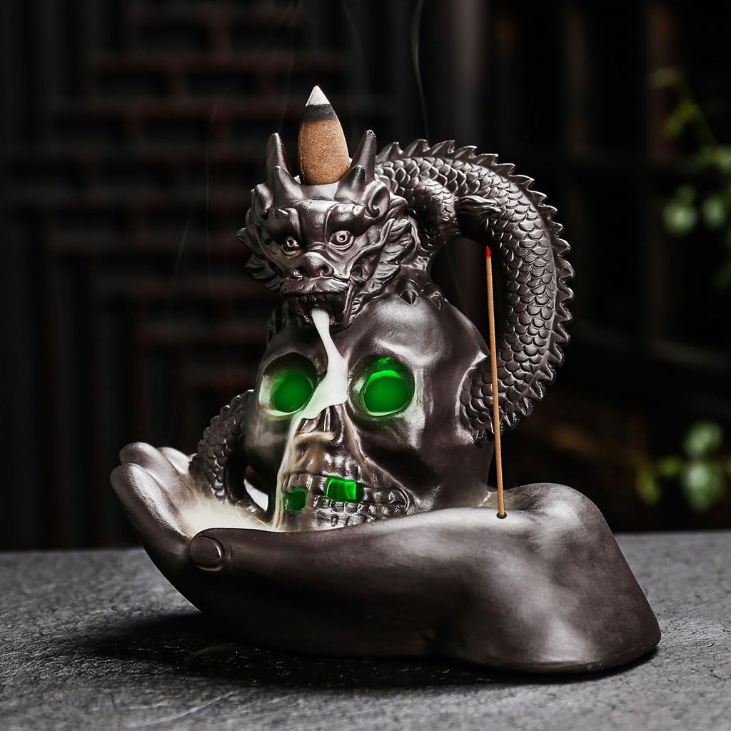 HaisWonsa Skull Dragon Incense Burner Holder - Backflow Waterfall Cone Incense Holder, LED Ceramic Unique Skeleton Incense Burne