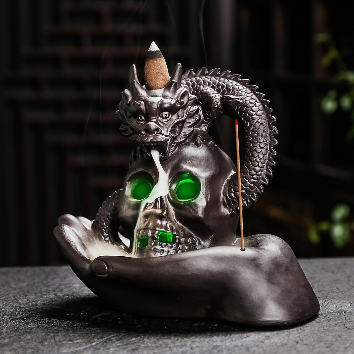 HaisWonsa Skull Dragon Incense Burner Holder - Backflow Waterfall Cone Incense Holder, LED Ceramic Unique Skeleton Incense Burne