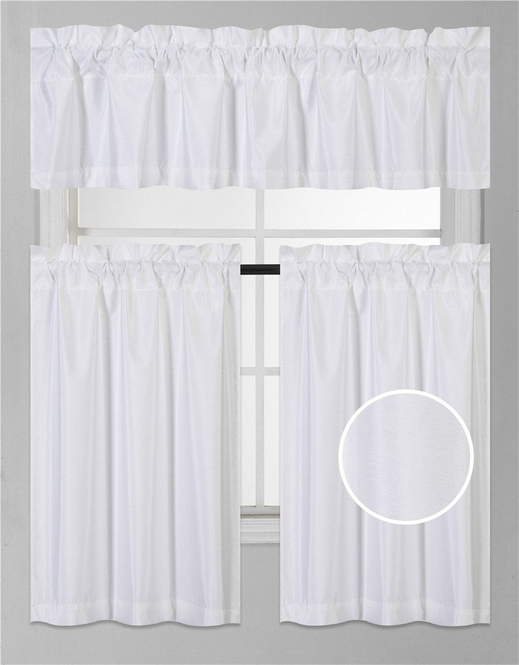 3Pc Set Solid Faux Silk Lined Blackout Rod Pocket Small Kitchen Window Curtain With Valance (K3) (White)