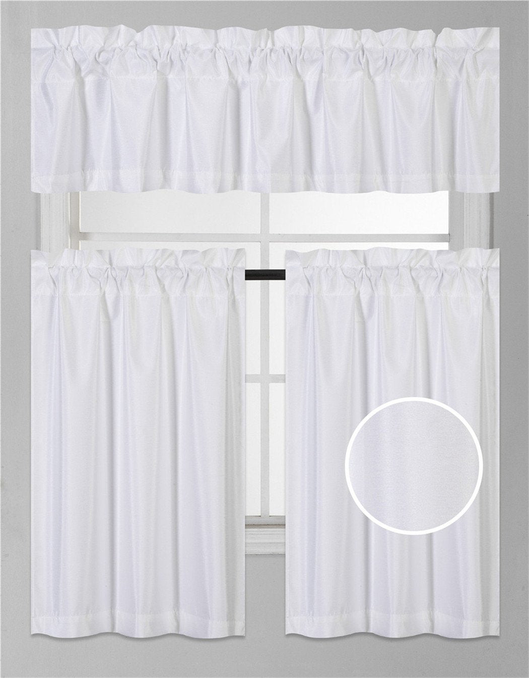 3Pc Set Solid Faux Silk Lined Blackout Rod Pocket Small Kitchen Window Curtain With Valance (K3) (White)