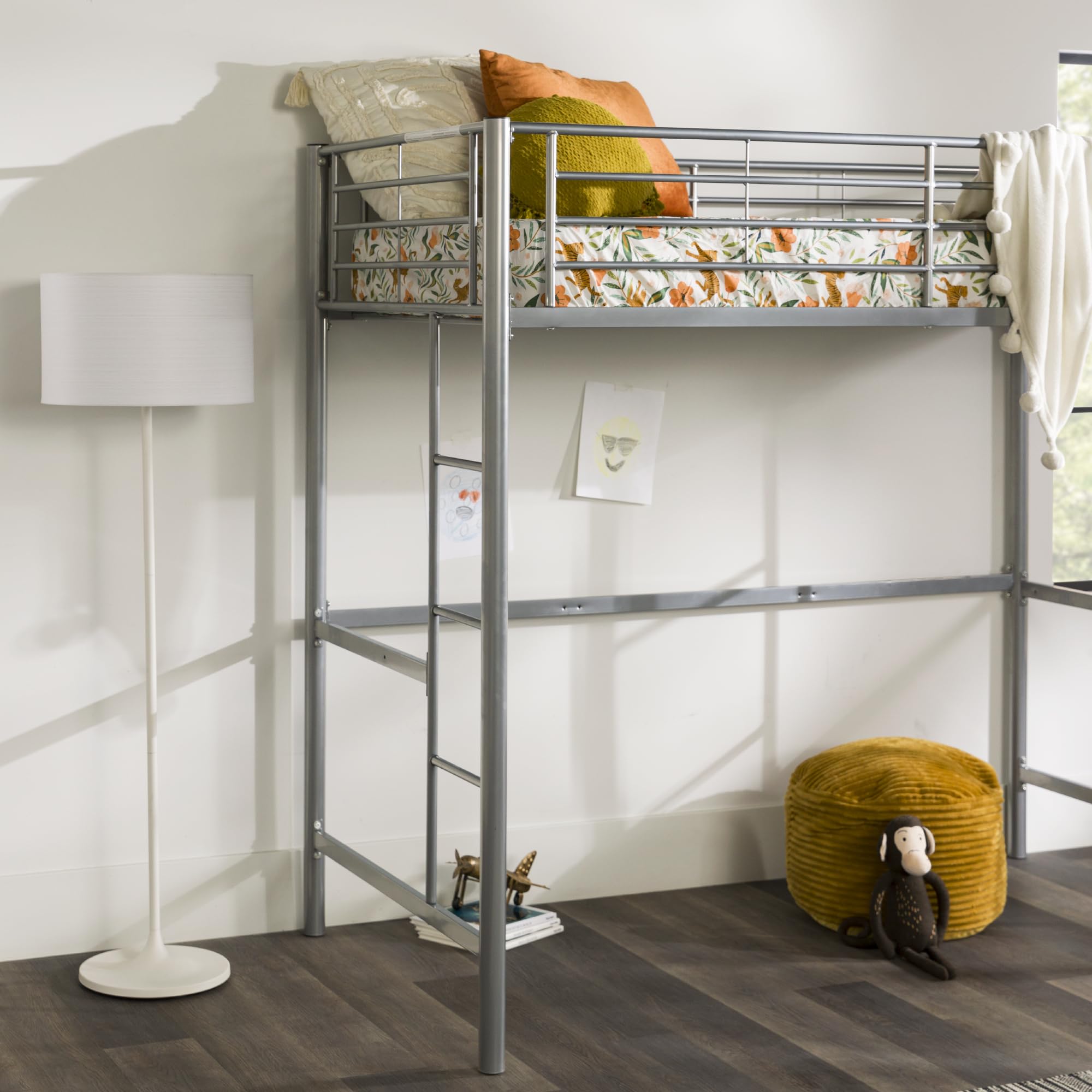 Walker Edison AZTOLSL Urban Modern Loft Bed Frame Powder-Coated Steel Silver Twin