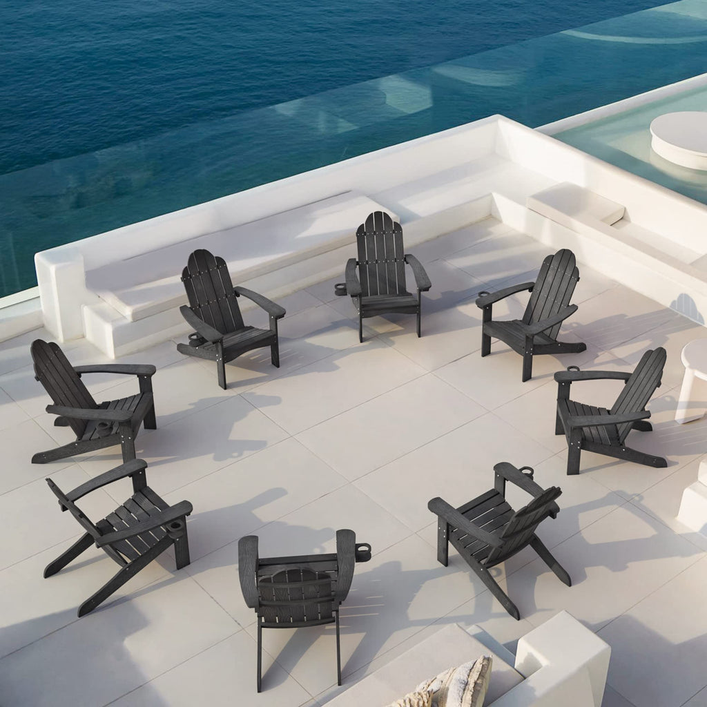 Lue Bona Poly Lumber Adirondack Chairs Set Of 8, Black Adirondack Chairs With Cup Holder, 350Lbs Modern Adirondack Chair Weather Resistant, Plastic Patio Adirondack Chair For Fire Pit, Backyard
