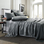 Treely 6 Piece Satin Sheets Full Size Silky Smooth Grey Satin Sheet Set With Deep Pocket, Satin Fitted Sheet, Flat Sheet, 4 Sati