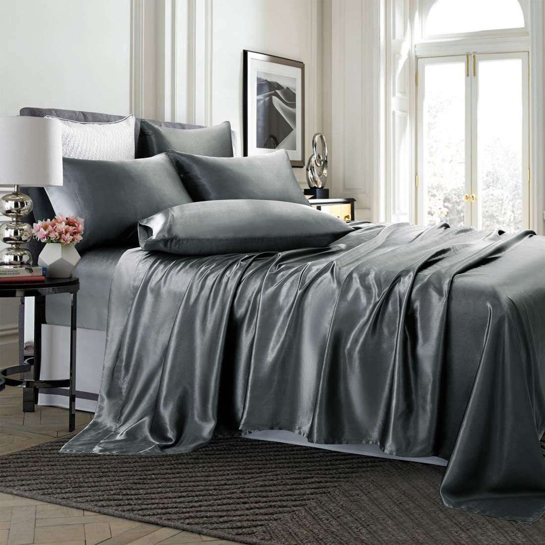 Treely 6 Piece Satin Sheets Queen Size Silky Smooth Grey Satin Sheet Set With Deep Pocket, Satin Fitted Sheet, Flat Sheet, 4 Sat
